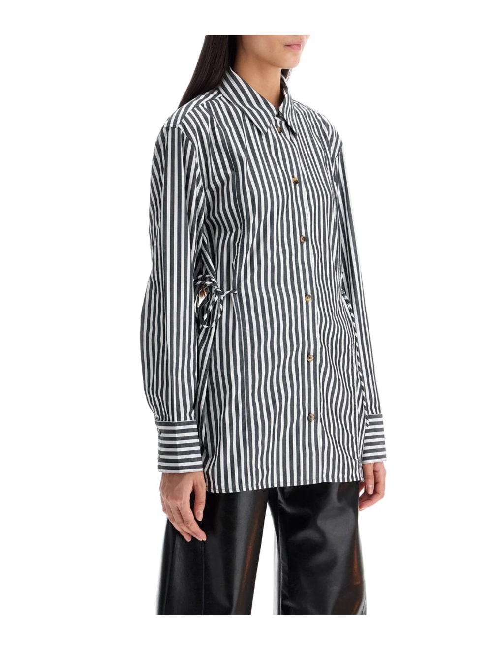 Ganni Black and White Vertical-Strip Button-Down Shirt